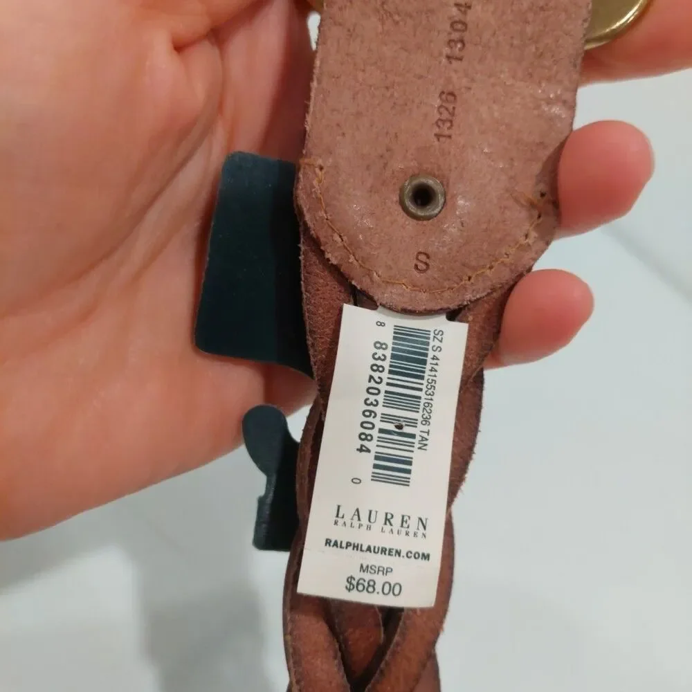 New RLL Ralph Lauren Tan Split Leather Braided Belt Massive Buckle Sz Smal